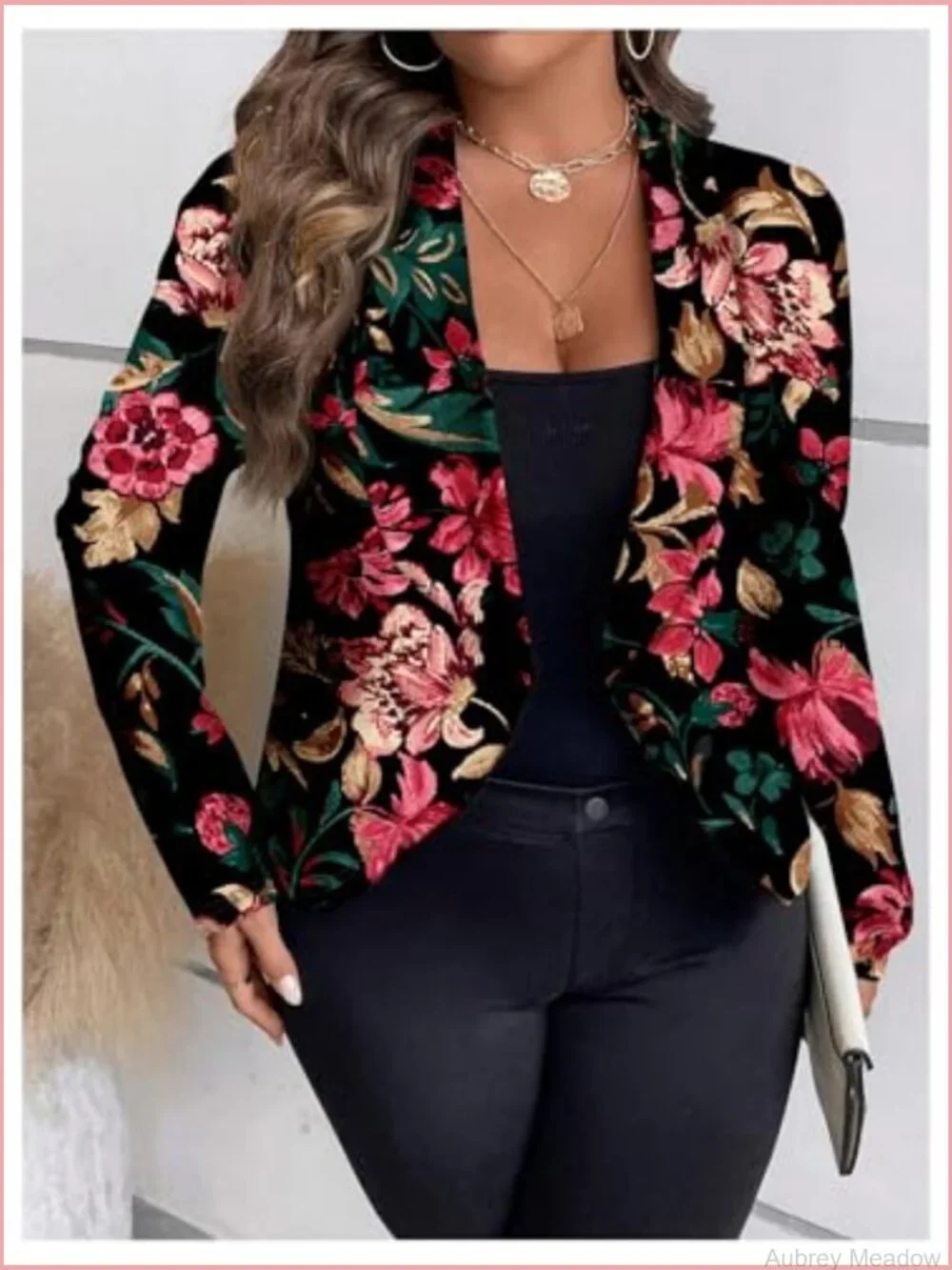 Plus Size Floral Leopard Blazer Long Sleeve Lapel Neck Suit Jacket